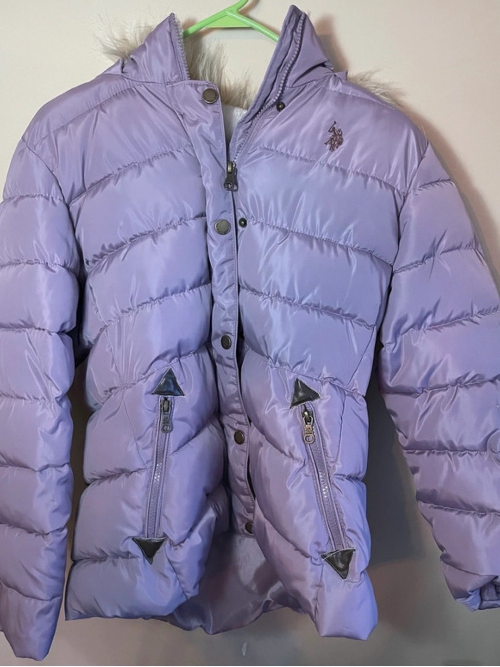 U.S. Polo Assn. Girls' Lavender Puffer Jacket with Faux Fur Trim